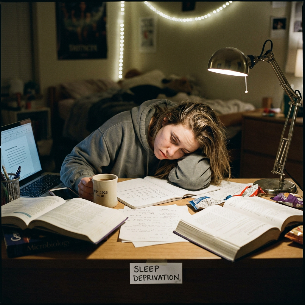 Tired student resting head on hand at desk with books and lamp
