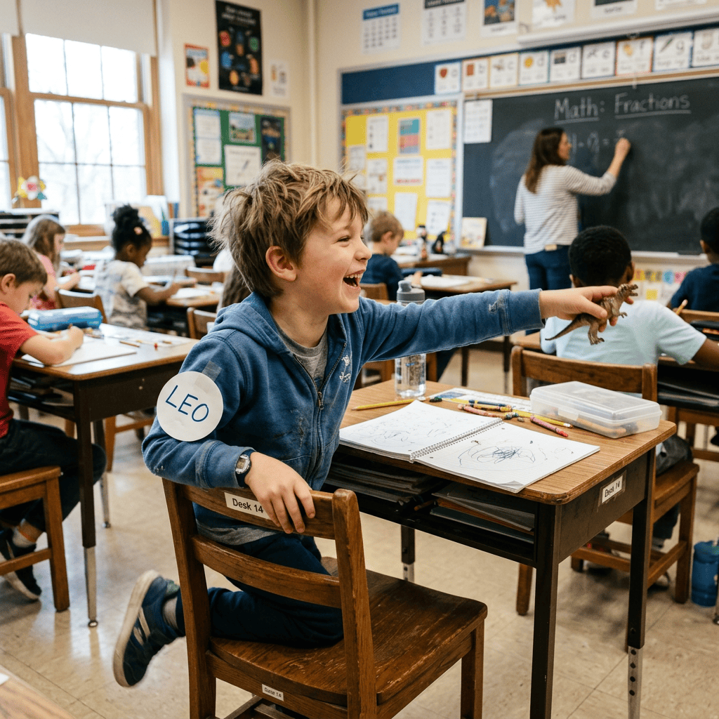 Young boy named Leo playing with dinosaur toy in classroom