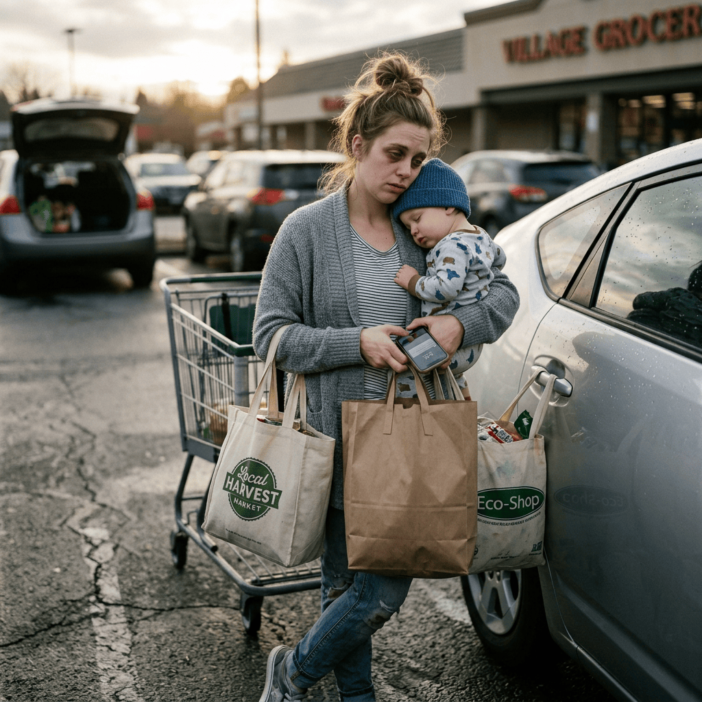Tired woman holding sleeping baby and grocery bags in parking lot