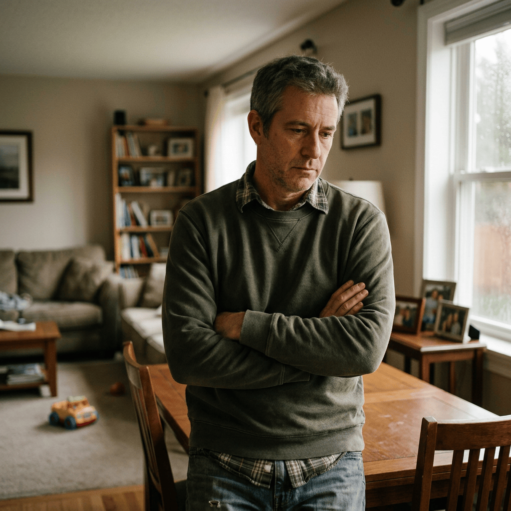 Middle-aged man standing with arms crossed, looking down thoughtfully in living room