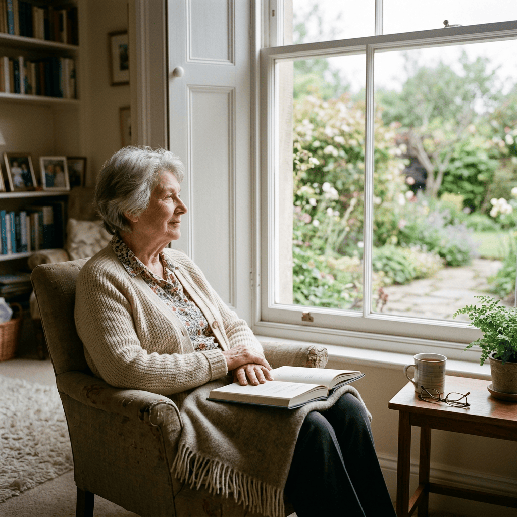 Elderly woman sitting in armchair looking out window with book on lap