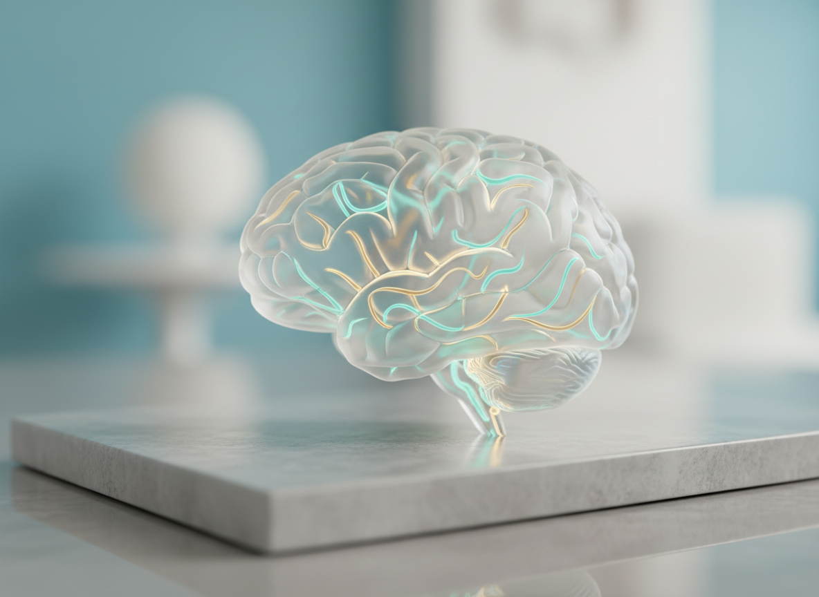 A soothing, photographic close-up of symbolic brain-balance imagery: a translucent, frosted-glass outline of a human brain resting on a smooth, light gray stone slab. Within the glass brain, soft, glowing pathways in aquamarine and gentle gold suggest harmonious neural activity. The background is an abstract blur of cool blues and soft whites, like an out-of-focus wellness studio. Soft studio lighting from above and slightly behind the brain creates delicate rim highlights and subtle reflections on the stone surface. Shot at eye level with shallow depth of field, the image feels calm, precise, and modern, embodying the gentle, natural rebalancing associated with NeurOptimal® neurofeedback.