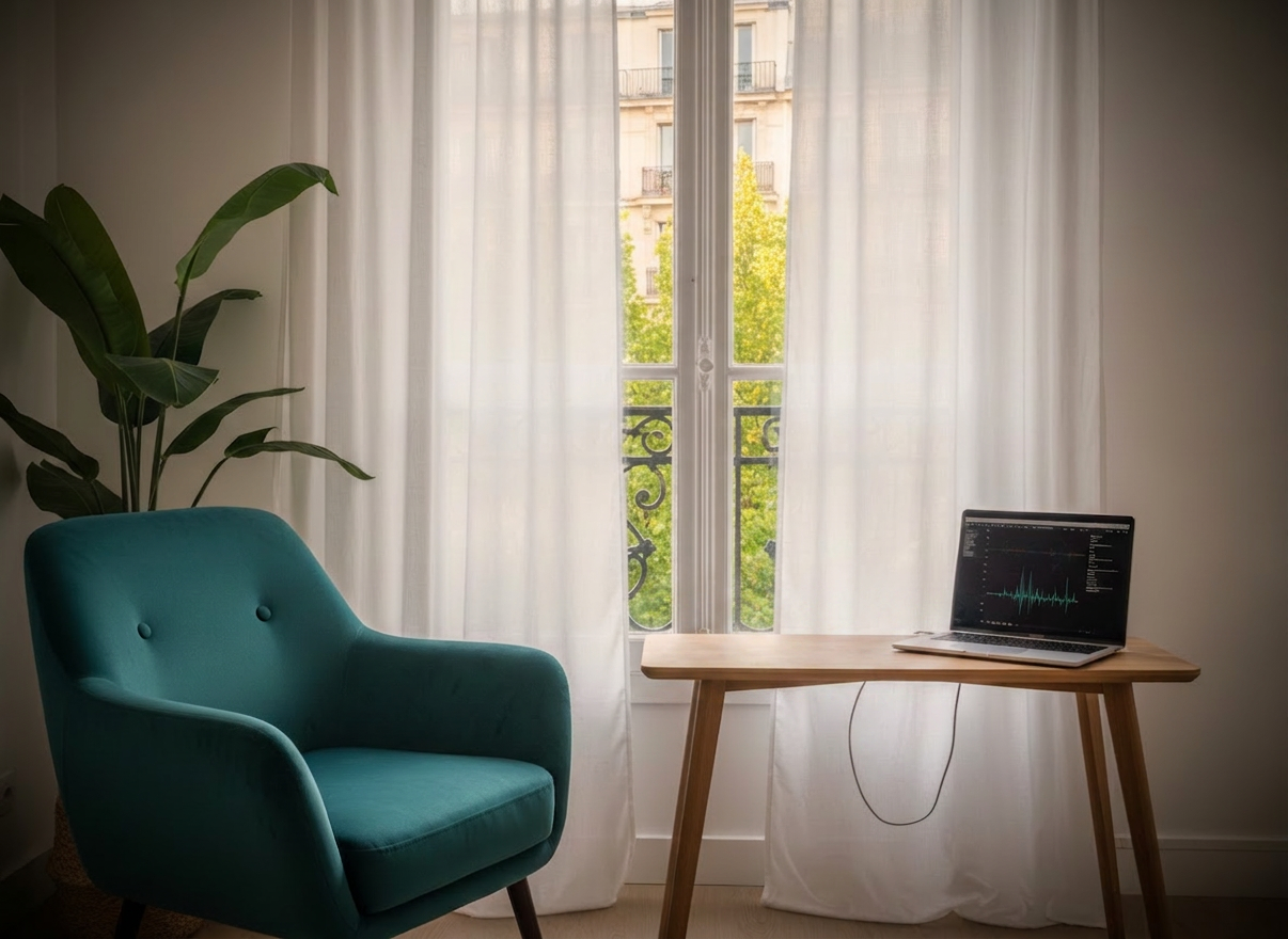 A tranquil corner of a neurofeedback practice in Île-de-France, shown without people, with a plush teal armchair facing a low, light-wood console holding a discreet silver neurofeedback device and a slim laptop. Behind the console, a large window reveals a soft-focus hint of Parisian-style architecture with pale stone facades and leafy trees. Sheer white curtains filter warm afternoon light, creating a golden, inviting glow across the room. A tall plant with broad, healthy leaves softens the space. Photographic realism with a slightly elevated angle, balanced composition, and gentle vignetting around the edges creates a serene, welcoming mood that speaks to balance, calm, and natural brain training.